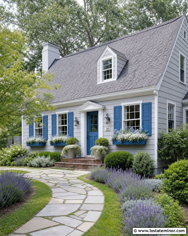 Dove Grey Cottage With Blue Window Boxes - 30 Dove Grey House Design With Window Boxes Ideas