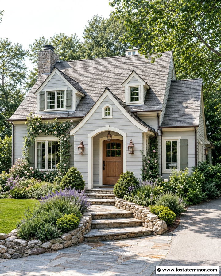 Dove Grey Cottage With Cobblestone Steps - 30 Dove Grey House Design With Steps Ideas