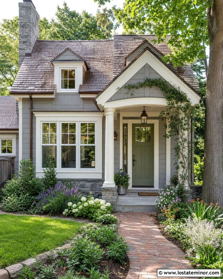Dove Grey Cottage With Cream Porch Columns - 30 Dove Grey House Design With Porch Columns Ideas