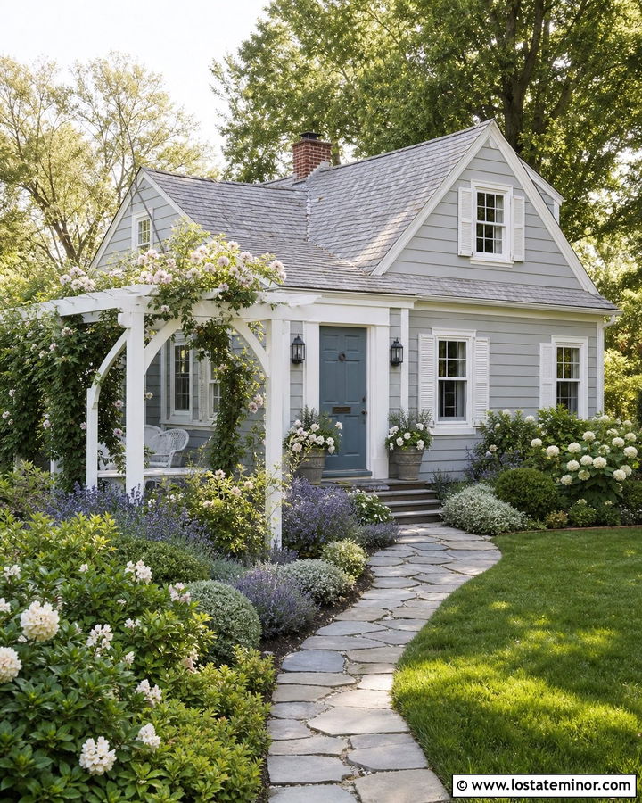 Dove Grey Cottage With Garden Pergola - 30 Dove Grey House Design With Pergola Ideas