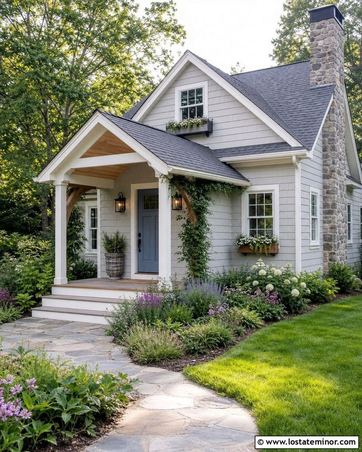 Dove Grey Cottage With Natural Pine Porch Ceiling - 30 Dove Grey House Design With Porch Ceiling Ideas