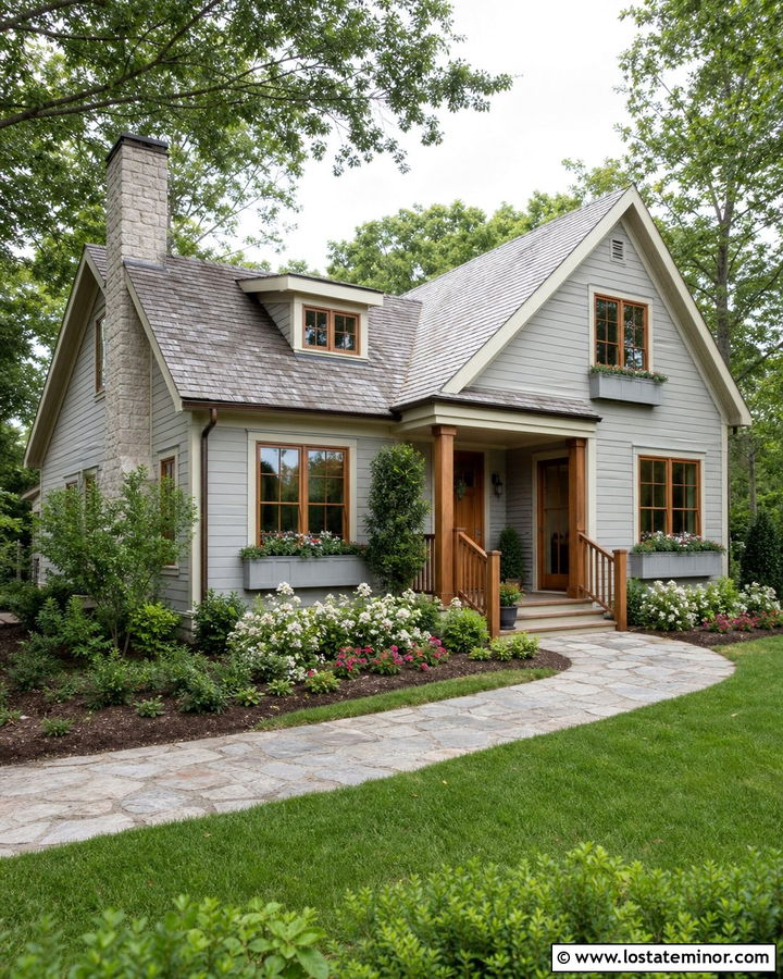 Dove Grey Cottage With Natural Wood Window Frames - 30 Dove Grey House Design With Window Frames Ideas