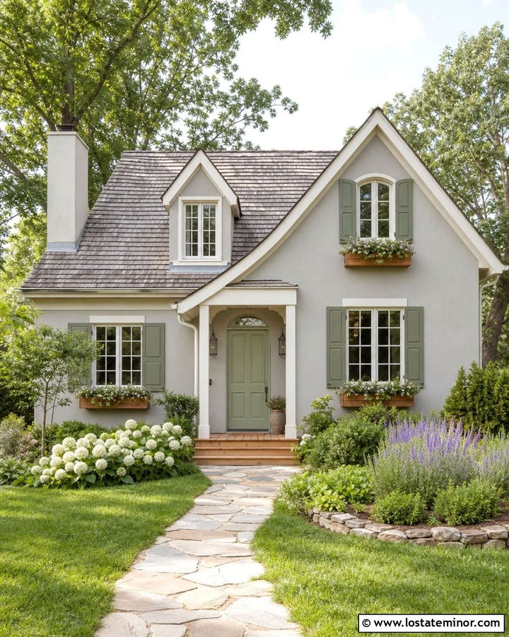 Dove Grey Cottage With Sage Green Shutters - 30 Dove Grey House Design With Shutters Ideas