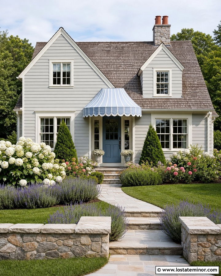 Dove Grey Cottage With Scalloped Awning - 30 Dove Grey House Design With Awning Ideas