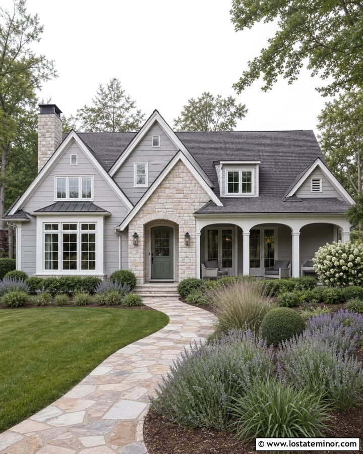 Dove Grey Cottage With Stone Gables - 30 Dove Grey House Design With Gables Ideas