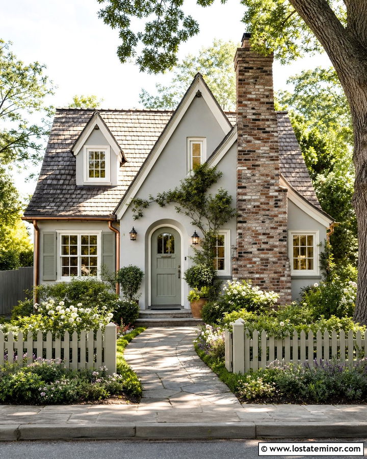 Dove Grey Cottage With Weathered Brick Chimney - 30 Dove Grey House Design With Chimney Ideas
