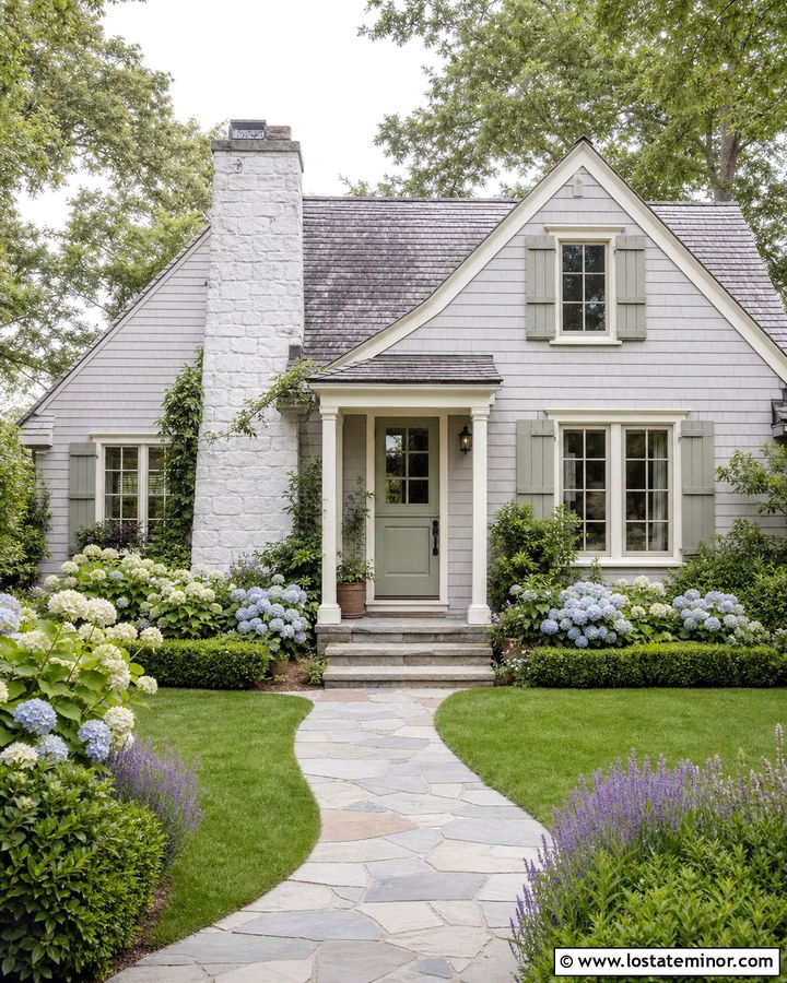 Dove Grey Cottage With White Stone Chimney - 30 Dove Grey House Design With Stone Accents Ideas