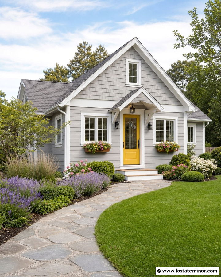 Dove Grey Cottage With Yellow Storm Door - 30 Dove Grey House Design With Storm Door Ideas