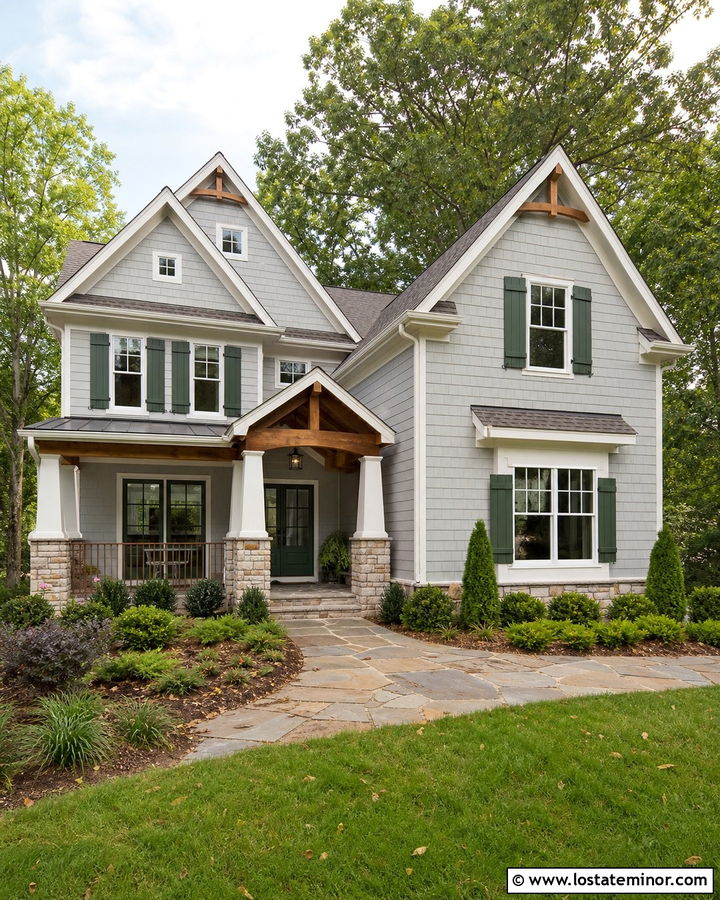 Dove Grey Craftsman House With Dark Green Shutters - 30 Dove Grey House Design With Shutters Ideas