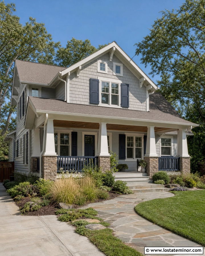 Dove Grey Craftsman House With Navy Shutters - 30 Dove Grey House Design With Shutters Ideas
