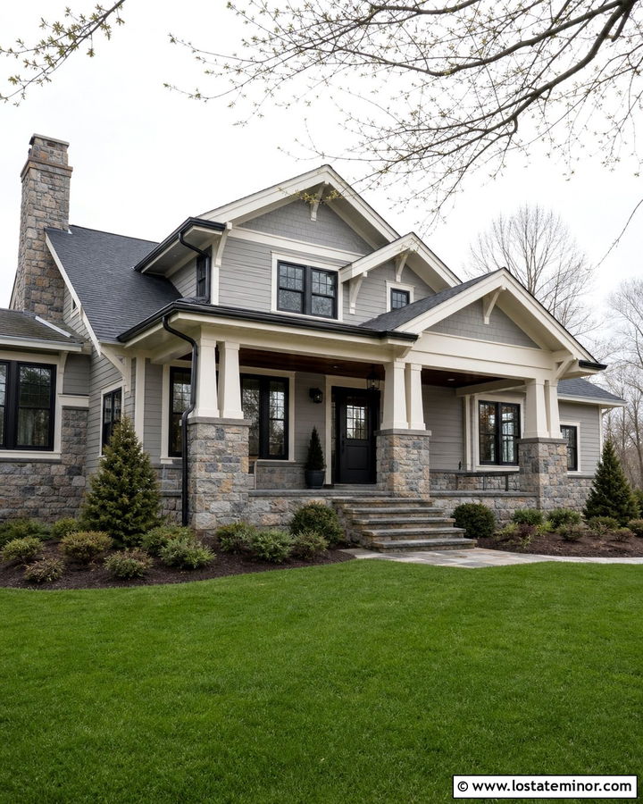 Dove Grey Craftsman With Black Storm Door And Stone - 30 Dove Grey House Design With Storm Door Ideas