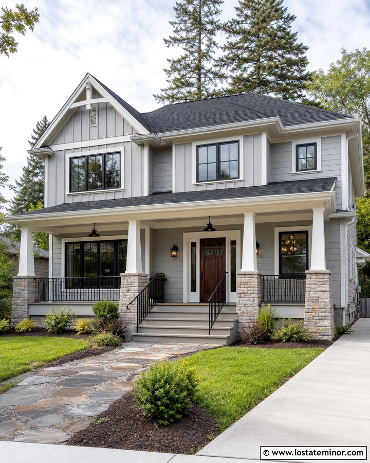 Dove Grey Craftsman With Black Windows And Stone - 30 Dove Grey House Design With Window Frames Ideas