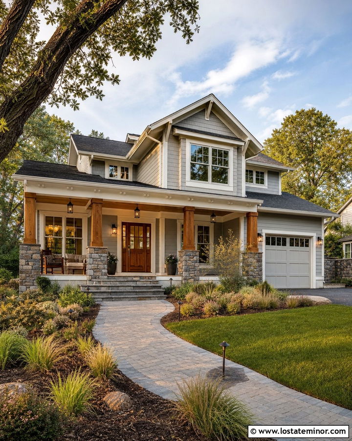 Dove Grey Craftsman With Cedar Porch - 30 Dove Grey House Design With Front Porch Ideas