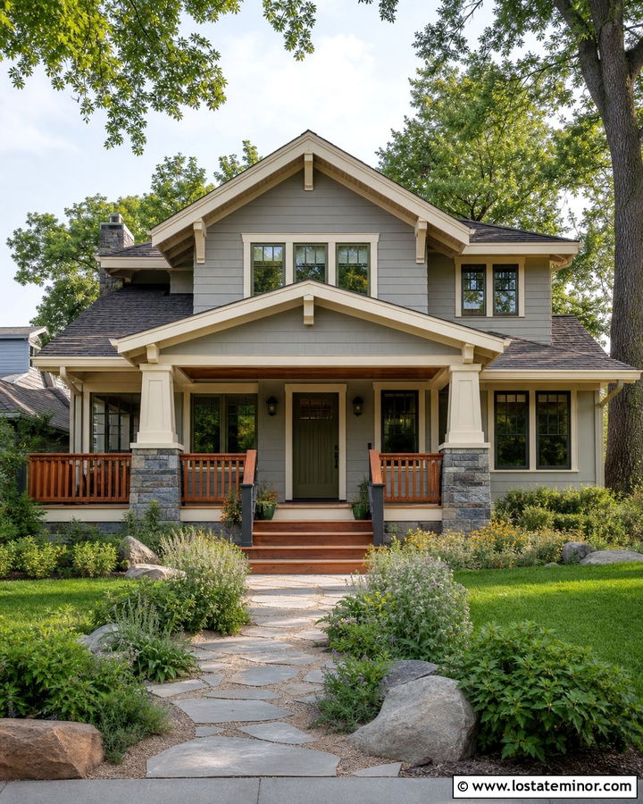 Dove Grey Craftsman With Cedar Railings - 30 Dove Grey House Design With Railings Ideas
