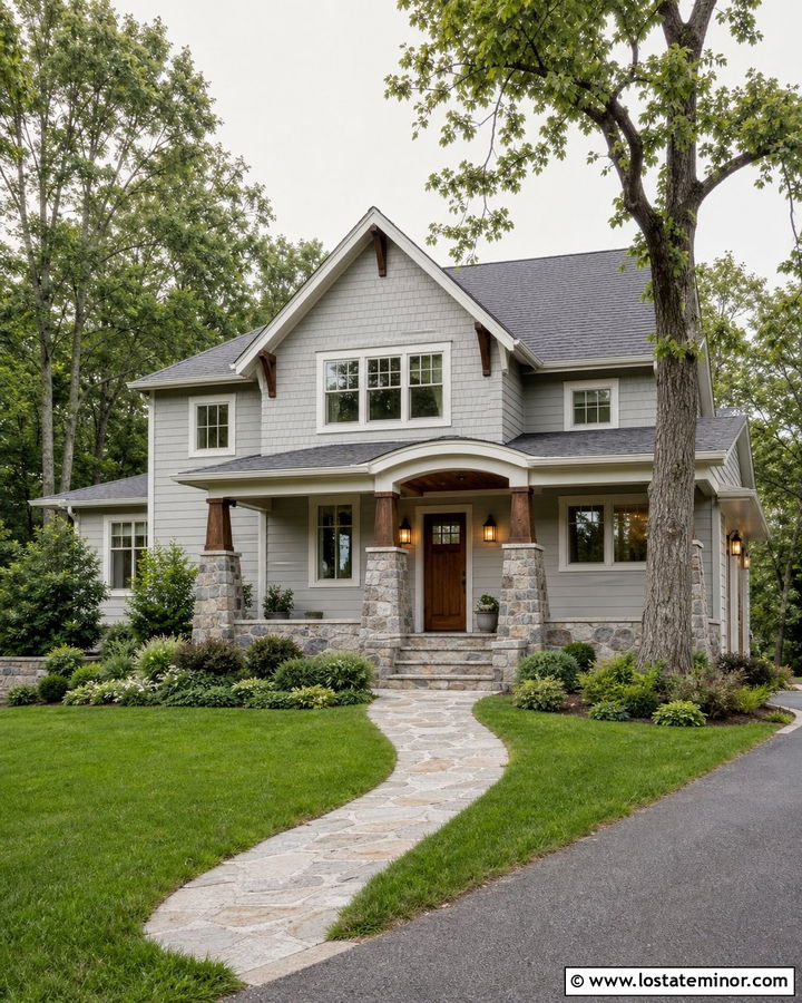 Dove Grey Craftsman With Fieldstone Steps - 30 Dove Grey House Design With Steps Ideas