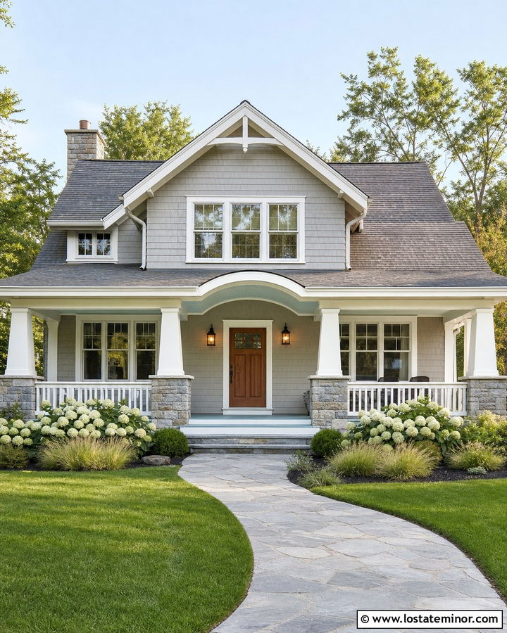 Dove Grey Craftsman With Haint Blue Porch Ceiling - 30 Dove Grey House Design With Porch Ceiling Ideas