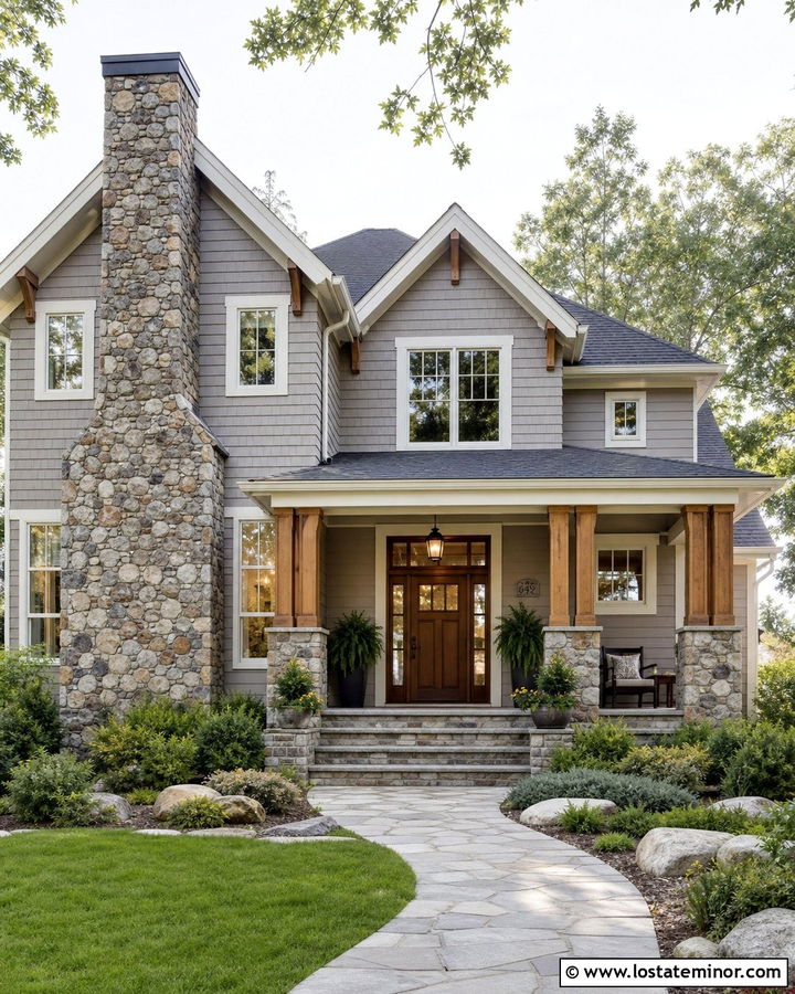 Dove Grey Craftsman With Natural Fieldstone Chimney - 30 Dove Grey House Design With Chimney Ideas
