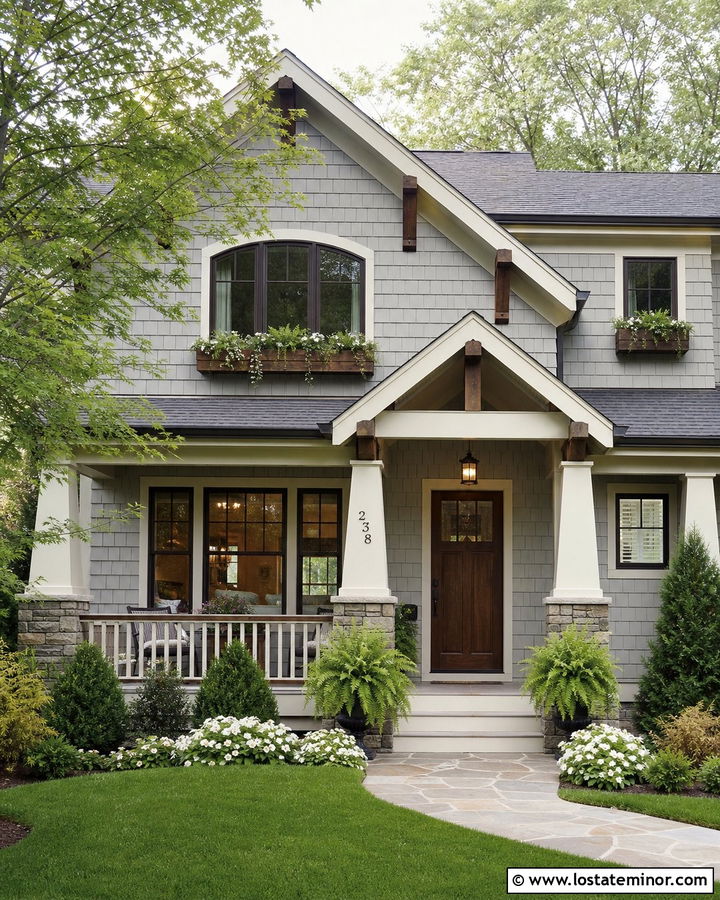 Dove Grey Craftsman With Stained Wood Window Boxes - 30 Dove Grey House Design With Window Boxes Ideas