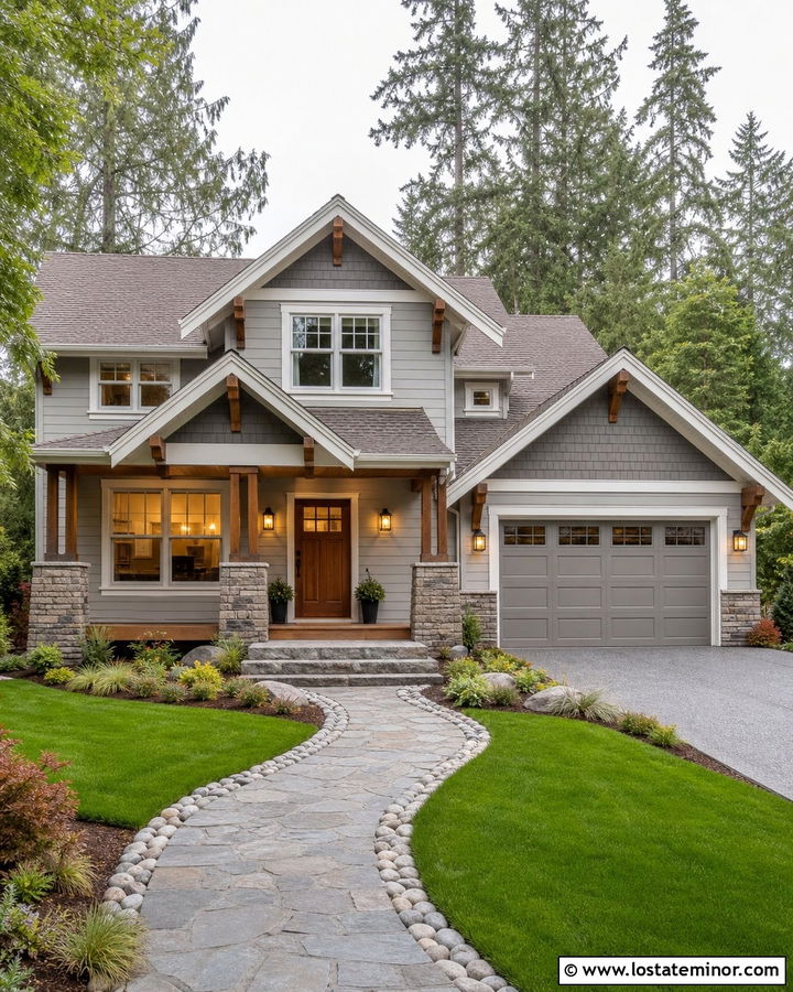 Dove Grey Craftsman With Stone Porch Columns - 30 Dove Grey House Design With Stone Accents Ideas