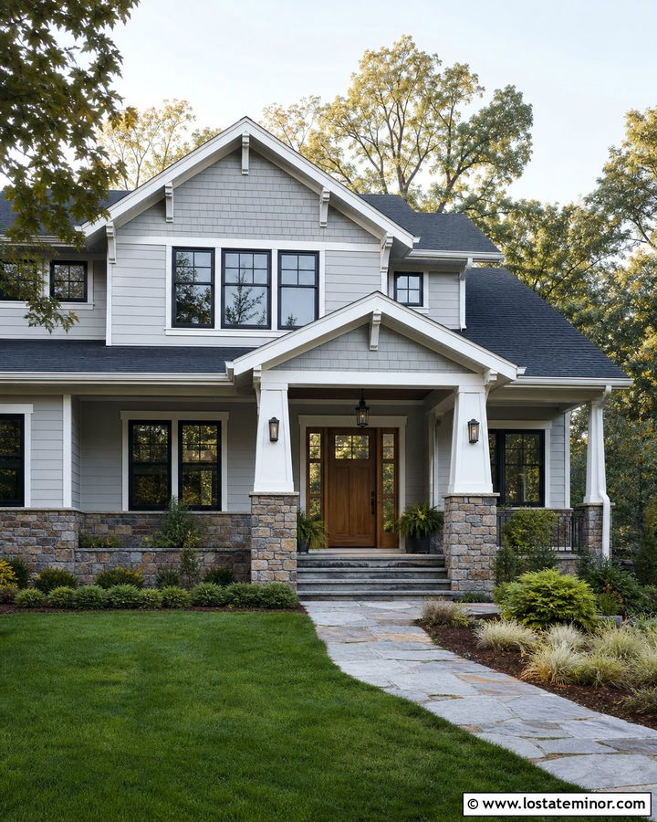 Dove Grey Craftsman With Stone Portico - 30 Dove Grey House Design With Portico Ideas
