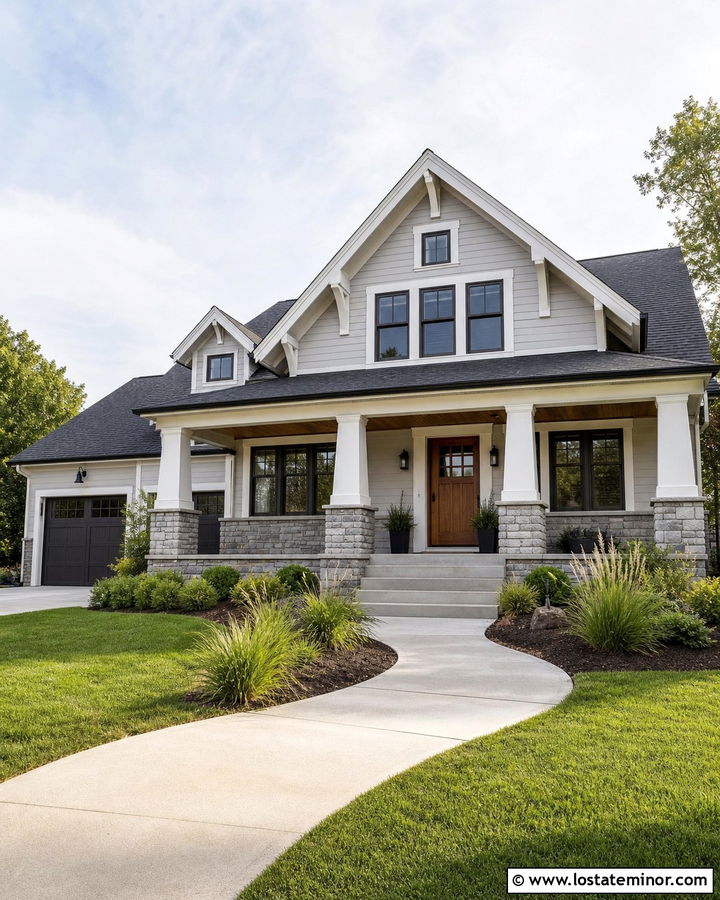 Dove Grey Craftsman With Tapered Porch Columns - 30 Dove Grey House Design With Porch Columns Ideas