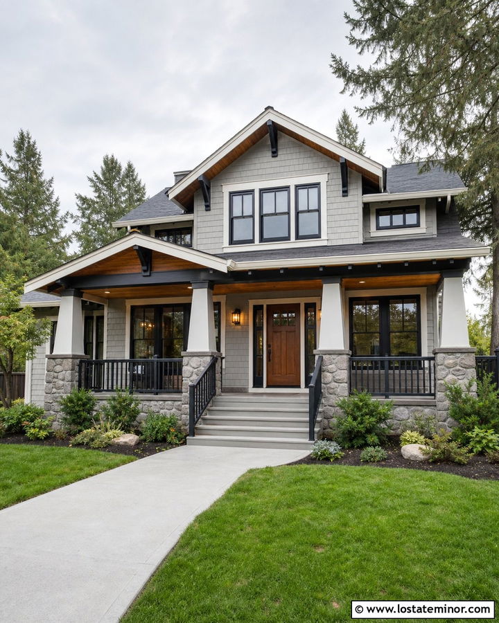 Dove Grey Craftsman With Wood Ceiling And Black Beams - 30 Dove Grey House Design With Porch Ceiling Ideas