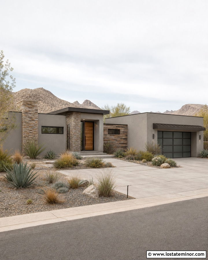 Dove Grey Desert Modern House With Dark Brown Window Frames - 30 Dove Grey House Design With Window Frames Ideas