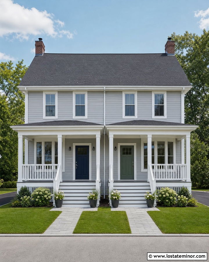 Dove Grey Duplex With Matching White Railings - 30 Dove Grey House Design With Railings Ideas