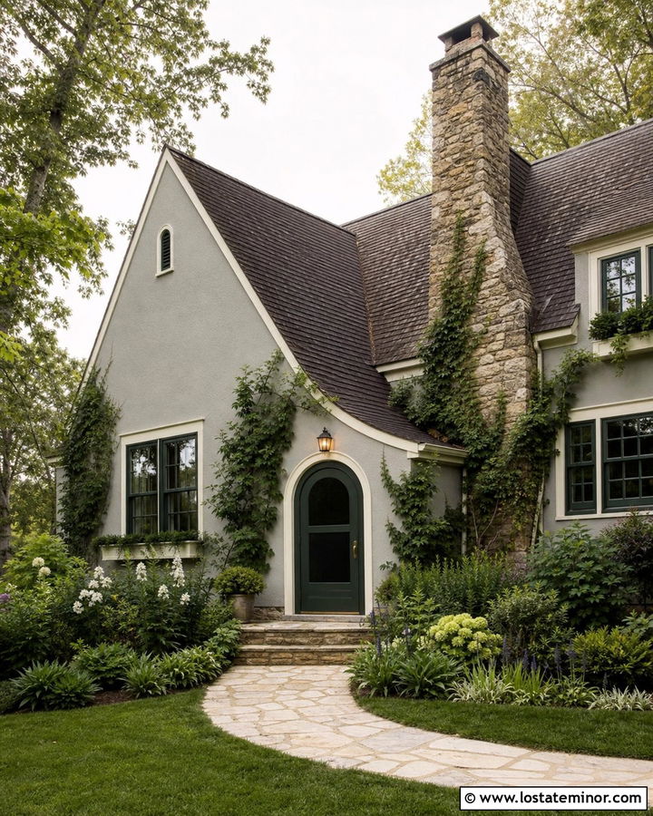 Dove Grey English Cottage With Green Storm Door - 30 Dove Grey House Design With Storm Door Ideas