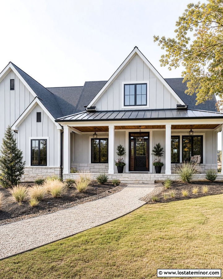 Dove Grey Farmhouse With Black Crossbuck Screen Door - 30 Dove Grey House Design With Screen Door Ideas