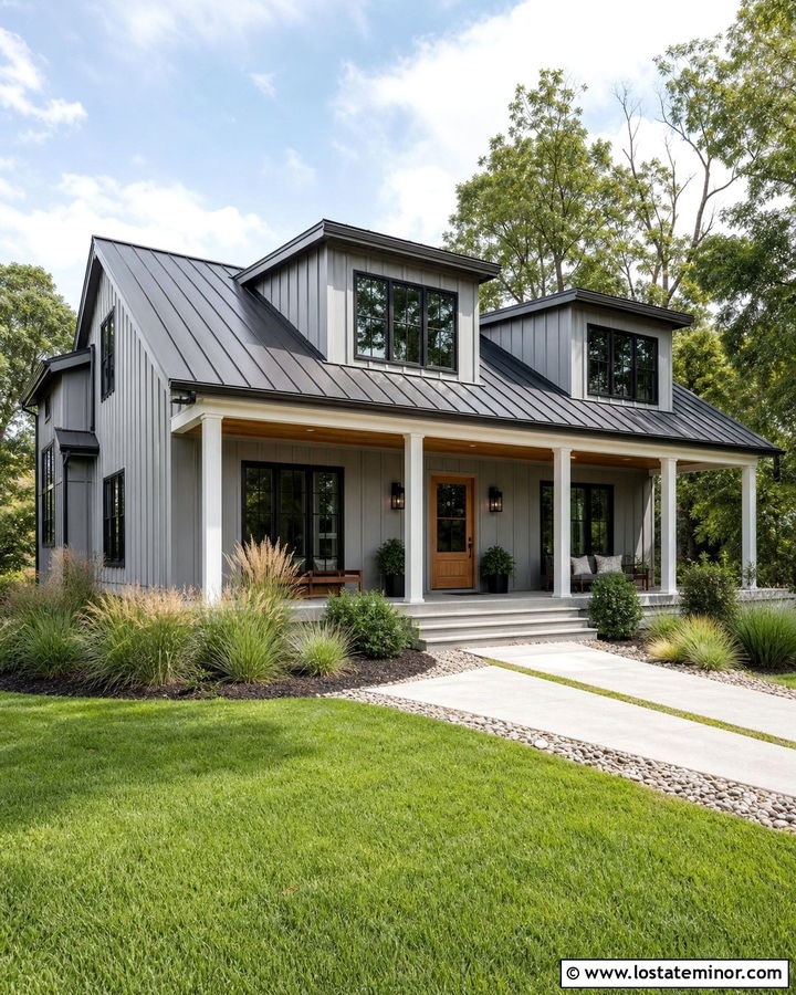 Dove Grey Farmhouse With Black Dormer Trim - 30 Dove Grey House Design With Dormers Ideas