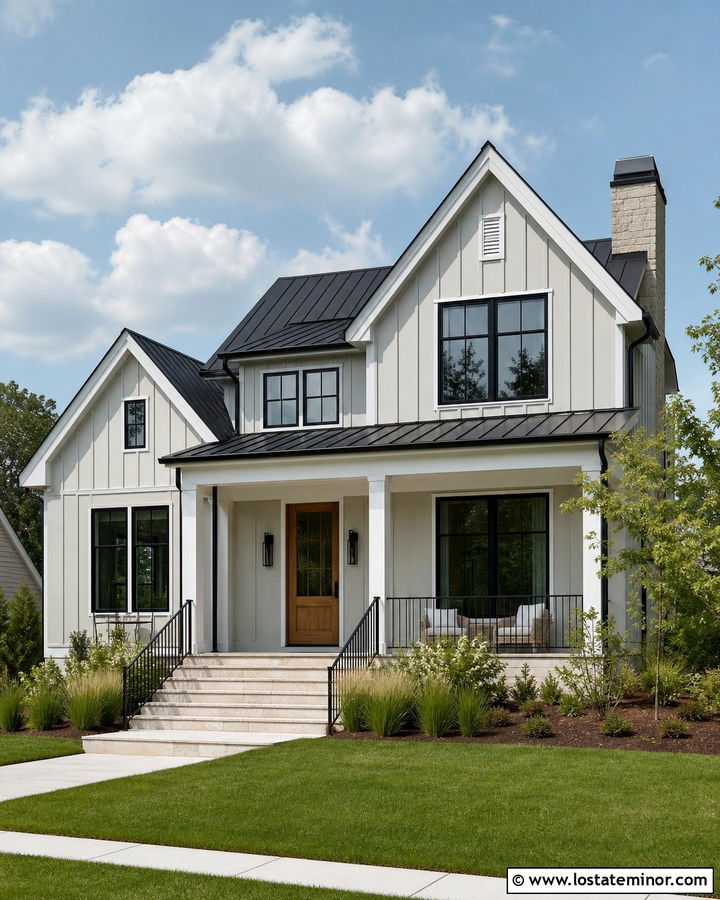 Dove Grey Farmhouse With Black Metal Railings - 30 Dove Grey House Design With Railings Ideas