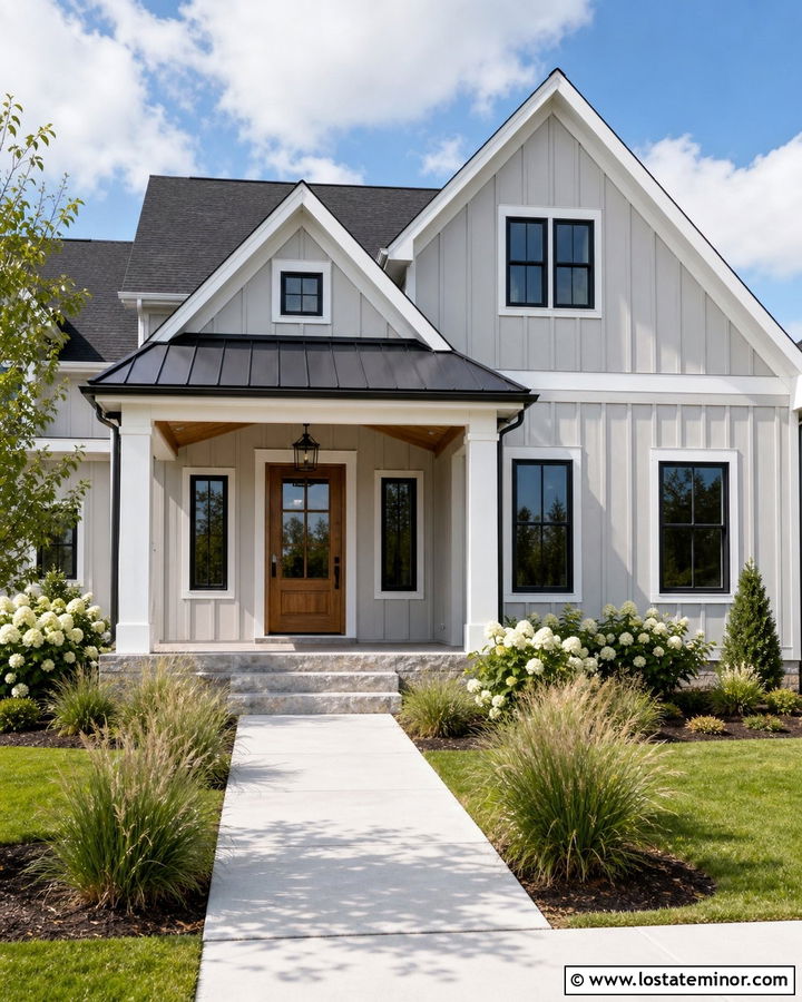 Dove Grey Farmhouse With Black Portico Roof - 30 Dove Grey House Design With Portico Ideas