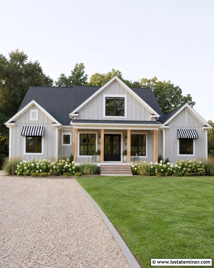 Dove Grey Farmhouse With Black Striped Awning - 30 Dove Grey House Design With Awning Ideas