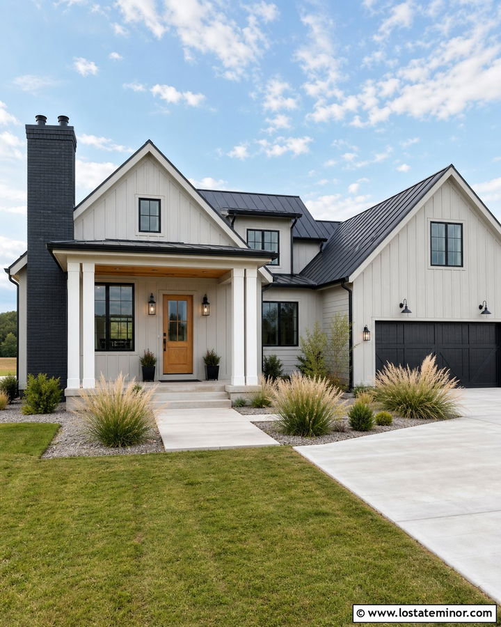 Dove Grey Farmhouse With Black Trim And Brick Chimney - 30 Dove Grey House Design With Chimney Ideas