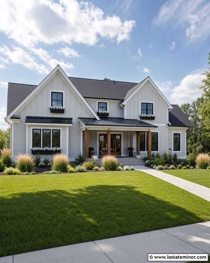 Dove Grey Farmhouse With Black Window Boxes - 30 Dove Grey House Design With Window Boxes Ideas