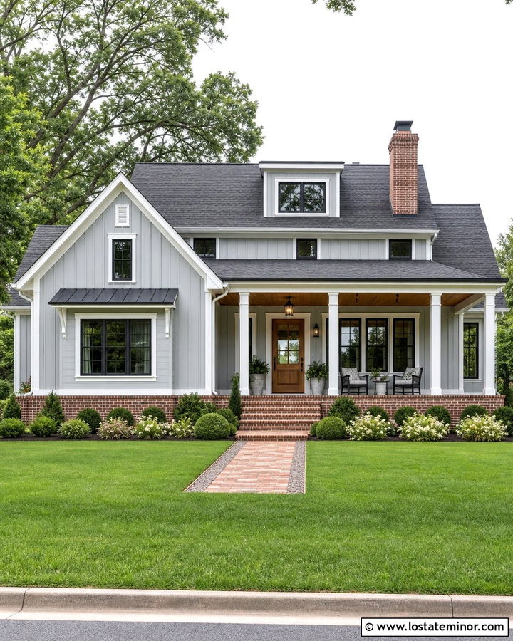 Dove Grey Farmhouse With Brick Accents - 30 Dove Grey House Design With Brick Accents Ideas