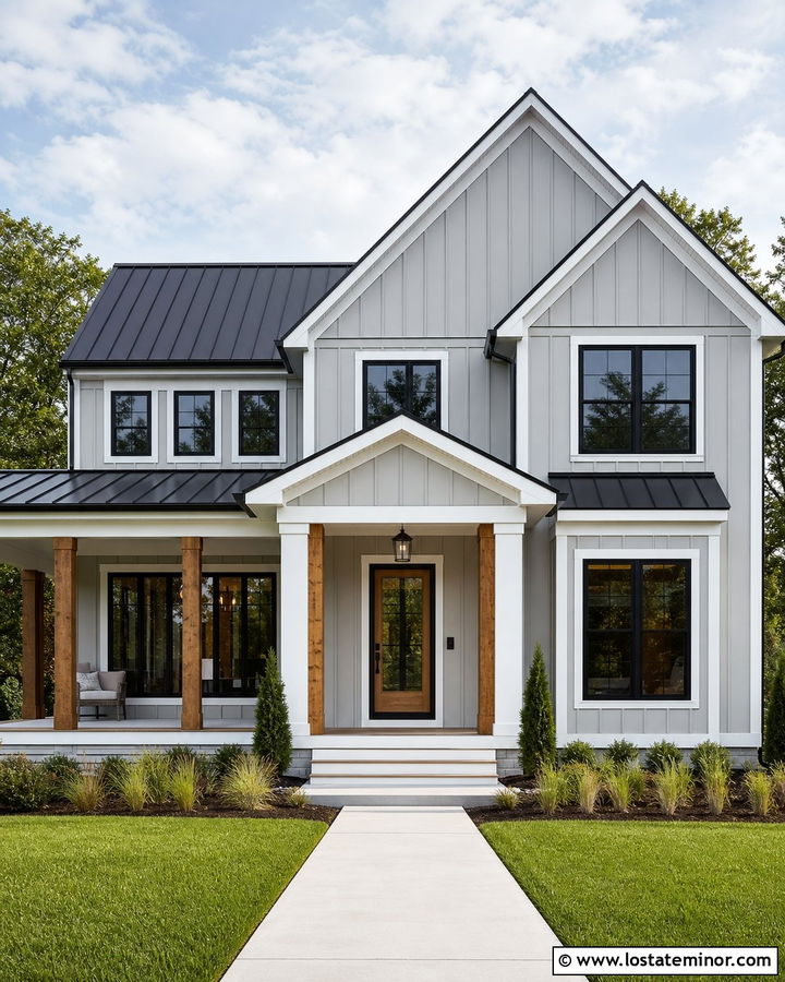 Dove Grey Farmhouse With Cedar Entry Door - 30 Dove Grey House Design With Storm Door Ideas