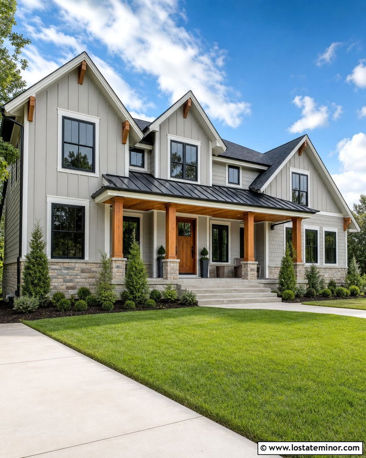 Dove Grey Farmhouse With Cedar Porch Ceiling - 30 Dove Grey House Design With Porch Ceiling Ideas