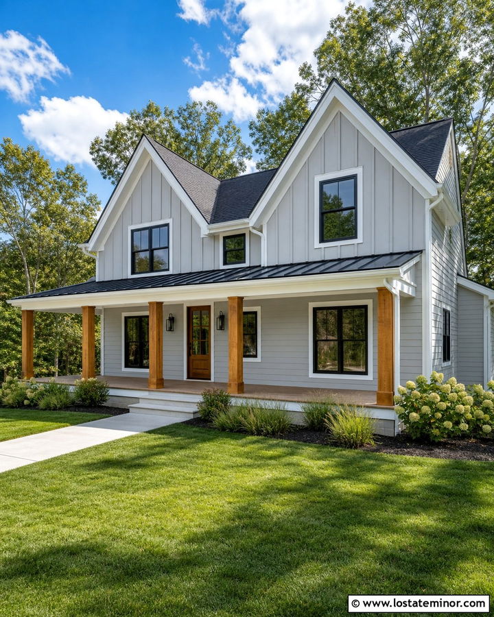 Dove Grey Farmhouse With Cedar Porch Columns - 30 Dove Grey House Design With Porch Columns Ideas