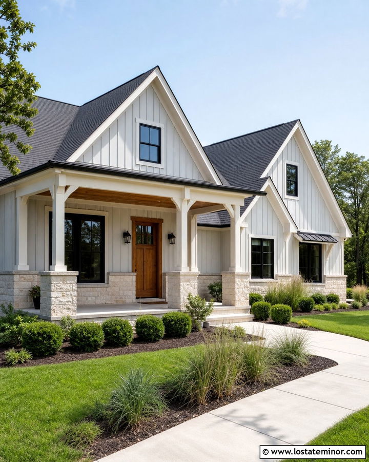 Dove Grey Farmhouse With Limestone Accents - 30 Dove Grey House Design With Stone Accents Ideas
