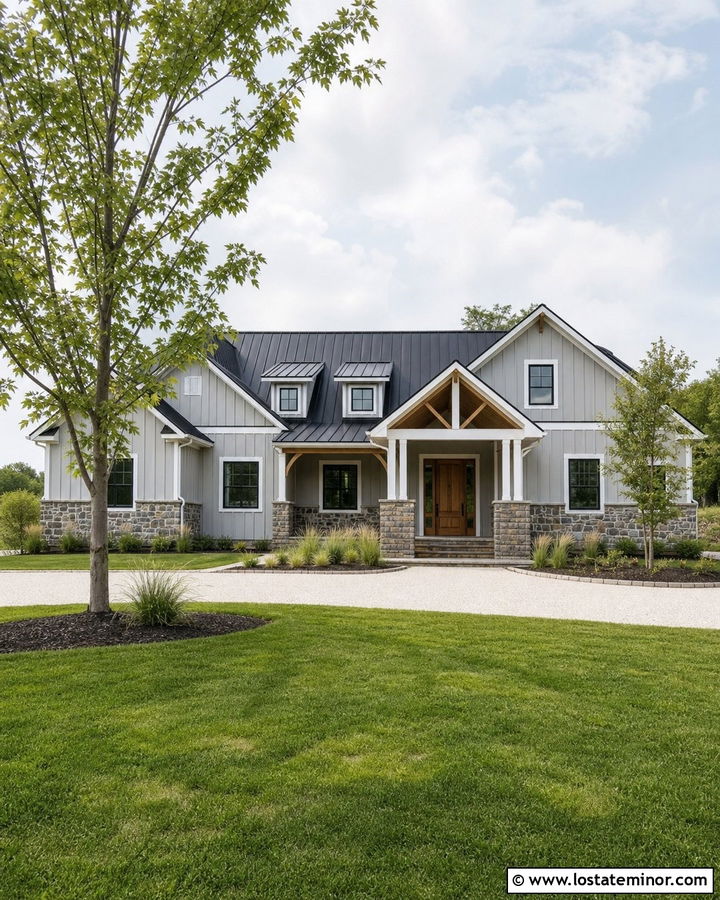 Dove Grey Farmhouse With Natural Stone Wainscoting - 30 Dove Grey House Design With Wainscoting Ideas