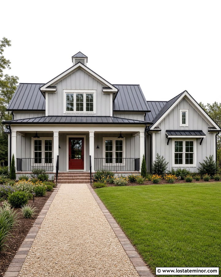Dove Grey Farmhouse With Red Storm Door - 30 Dove Grey House Design With Storm Door Ideas