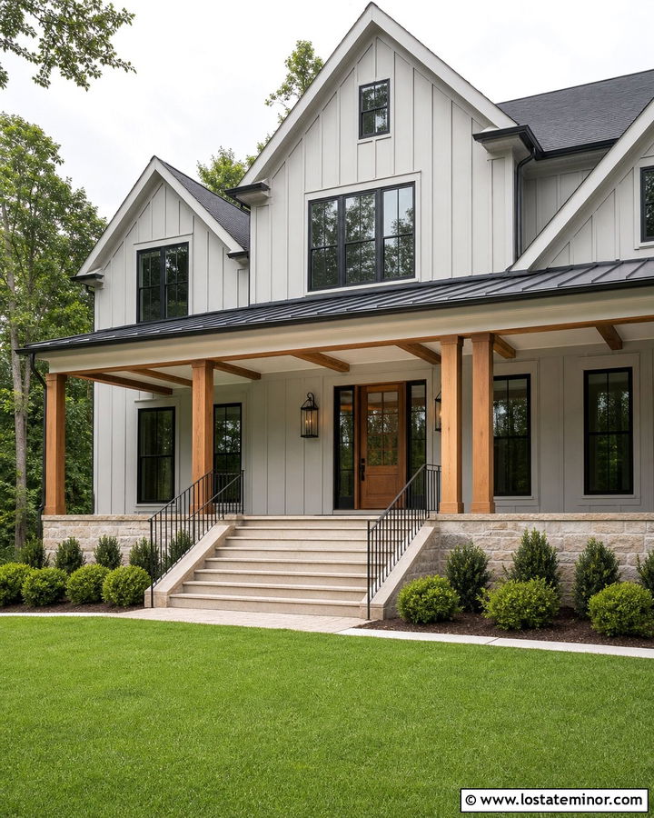 Dove Grey Farmhouse With White Ceiling And Cedar Beams - 30 Dove Grey House Design With Porch Ceiling Ideas