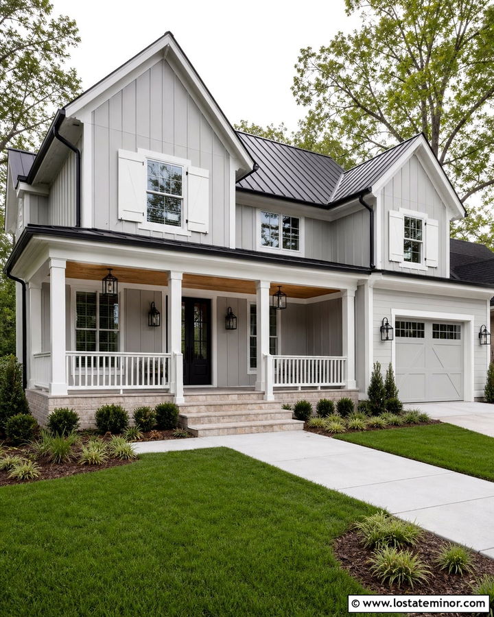 Dove Grey Farmhouse With White Shutters - 30 Dove Grey House Design With Shutters Ideas