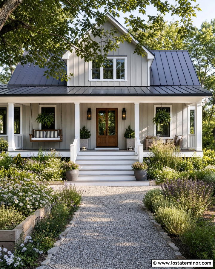 Dove Grey Farmhouse With White Wood Steps - 30 Dove Grey House Design With Steps Ideas