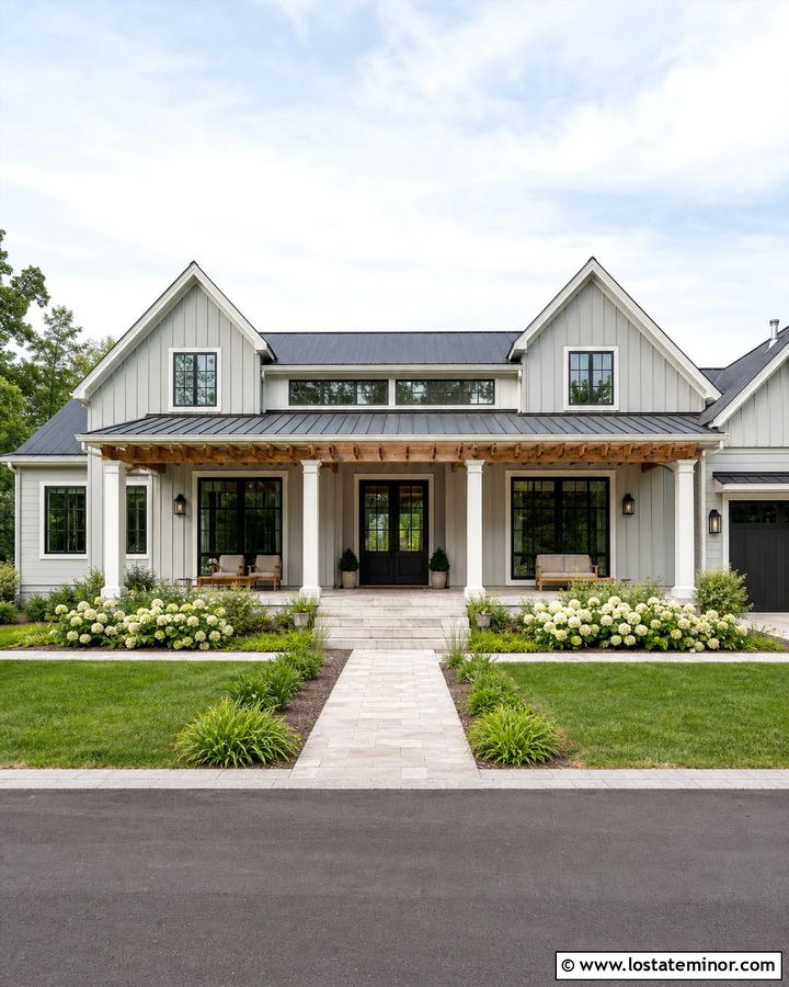 Dove Grey Farmhouse With Wood Pergola - 30 Dove Grey House Design With Pergola Ideas