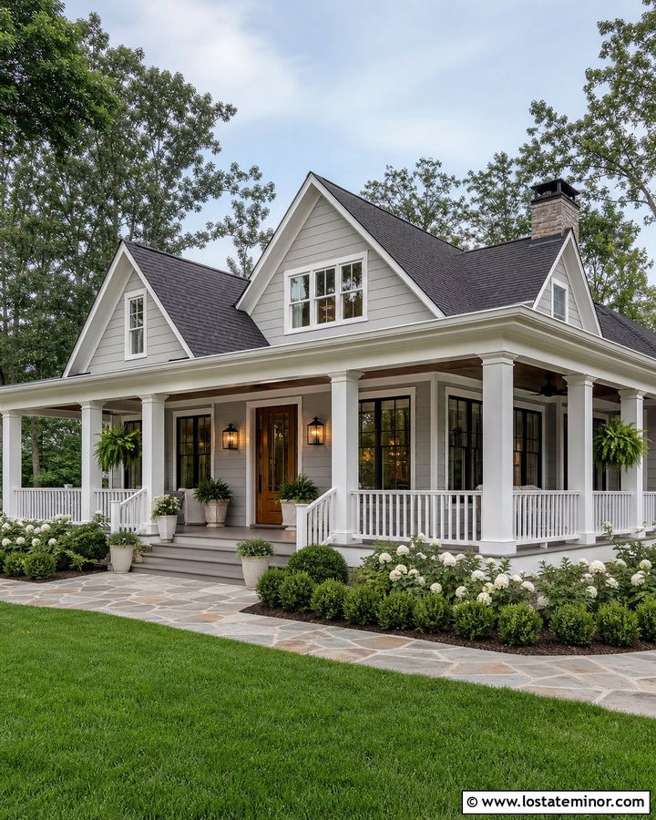 Dove Grey Farmhouse With Wraparound Porch - 30 Dove Grey House Design With Front Porch Ideas