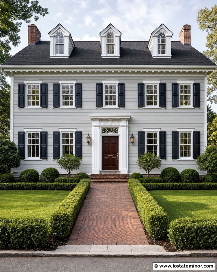 Dove Grey Federal House With Raised Panel Shutters - 30 Dove Grey House Design With Shutters Ideas