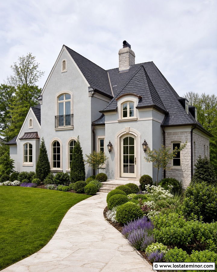 Dove Grey French Country House With Cream Storm Door - 30 Dove Grey House Design With Storm Door Ideas
